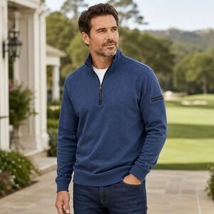 Bugatchi Mens Navy Sweater Fleece 1/4 Zip Pullover Sleeve Pocket Medium